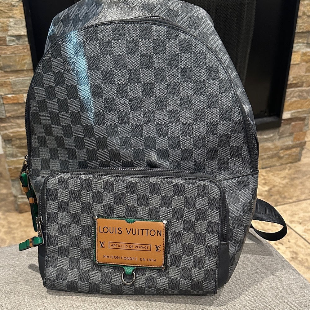 Defected Damier Graphite Backpack with Green Accents